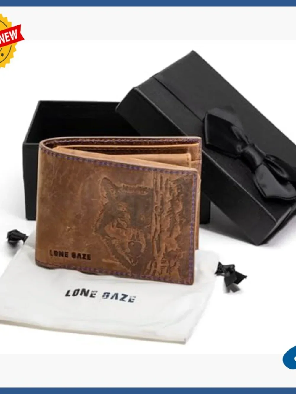 Men's RFID Leather Bifold Wallet with Wolf Embossing, Gift Box